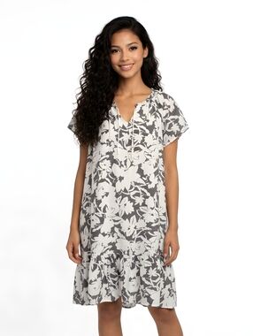 Robert Louis Black & White Floral Split Neck Shift Mini Dress Size M